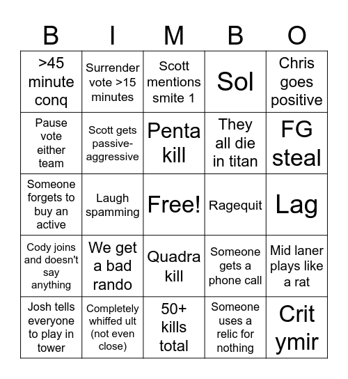 smite 2 Bingo Card