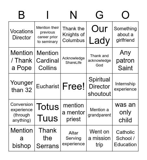 Ordinandi Bingo Card