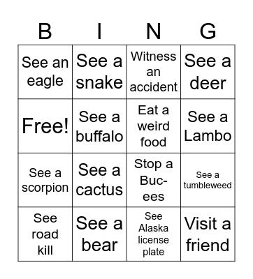 Road Trip Bingo Card
