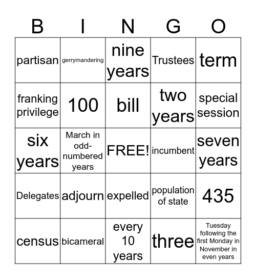 Congress Bingo Card