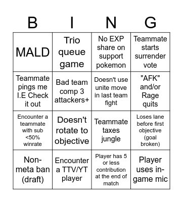 Pokemon Unite SoloQ Bingo Card