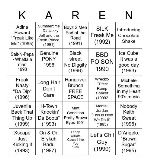 Hip Hop & R&B Bingo Card