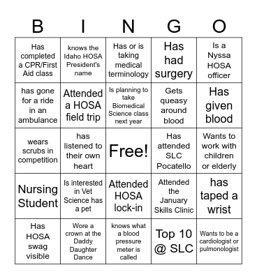 Nyssa HOSA Bingo Card