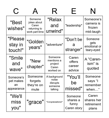 Celebrating Caren's Retirement Bingo Card