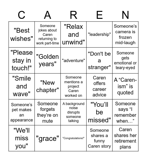 Celebrating Caren's Retirement Bingo Card