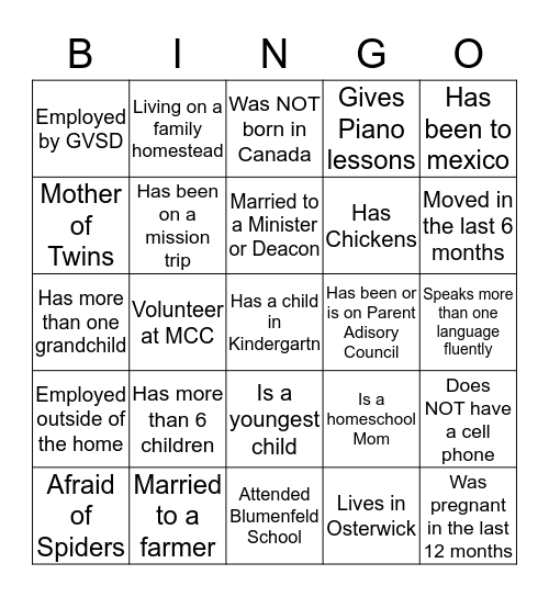 Get to know your neighbour! Bingo Card