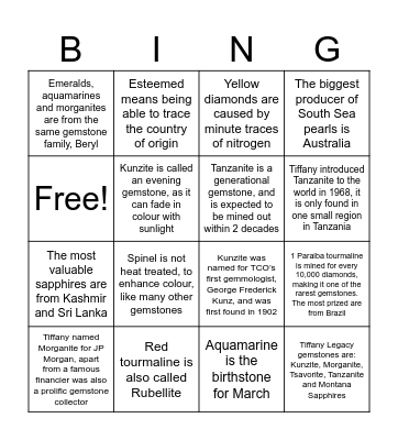 Gemstones Bingo Card