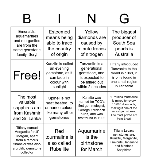 Gemstones Bingo Card