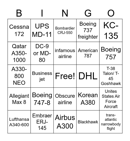 Flightradar24 (no filters) Bingo Card