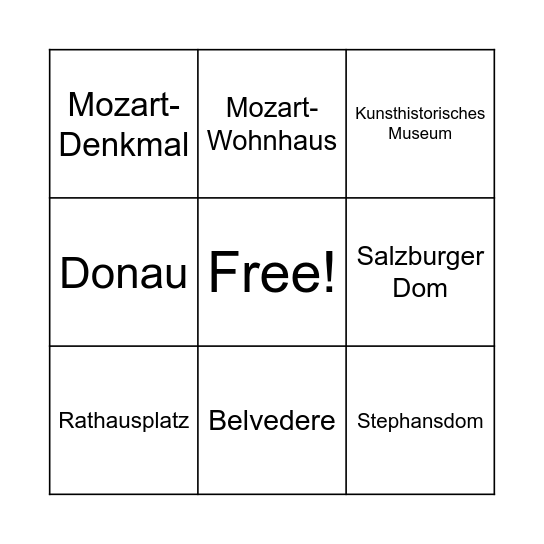 Sehenswürdigkeiten in Österreich Bingo Card