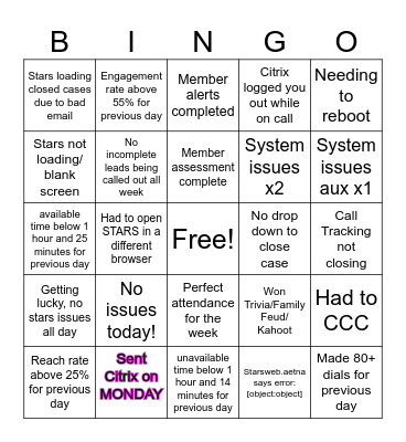 STARS Bingo Card