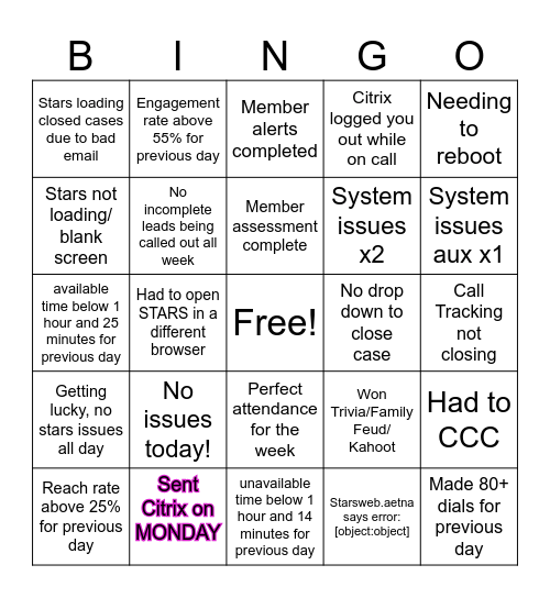 STARS Bingo Card