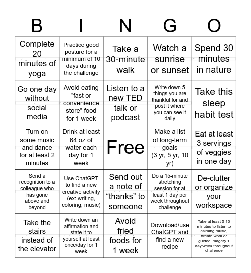 Be Well! Bingo Card