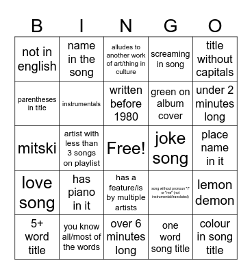 spotify bingo Card