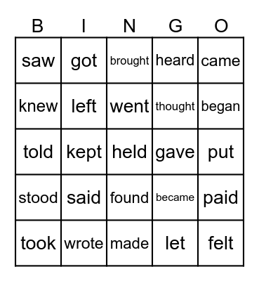 A Weekend Adventure- Past Tense Irregular Verbs Bingo Card