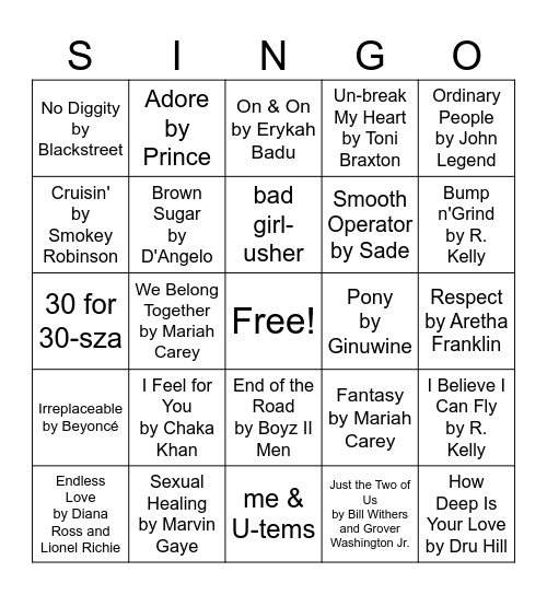 DJ MUD R & B Hits Bingo Card