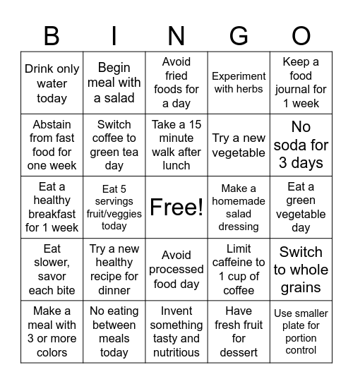 Healthy and Nutrional Bingo Card