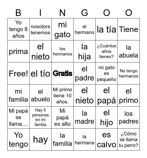 La familia Bingo Card