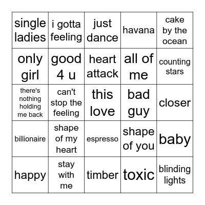 21st Century Pop Bingo Card