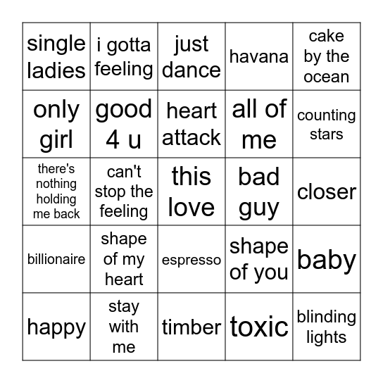 21st Century Pop Bingo Card