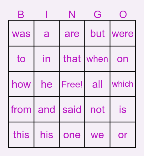 Fry Sight Words 1-50 Bingo Card