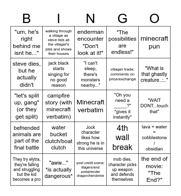Minecraft Movie Bingo Card