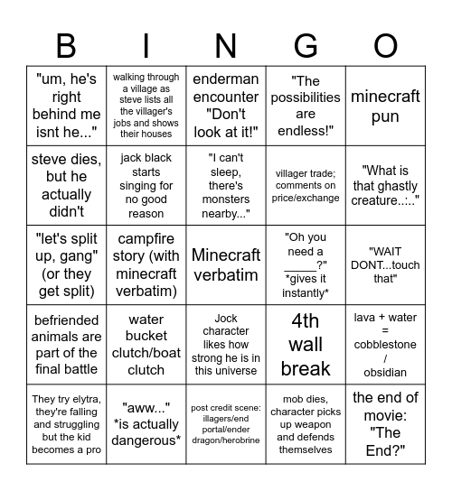 Minecraft Movie Bingo Card
