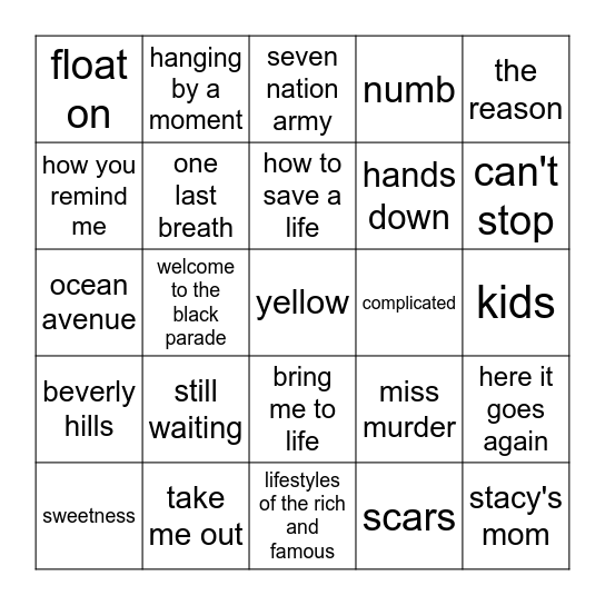 2000s Alternative Bingo Card