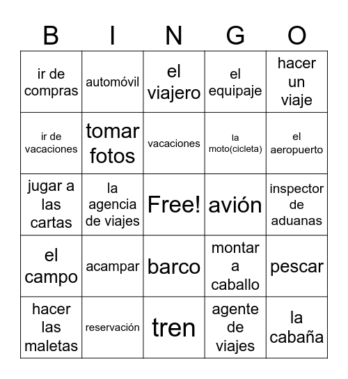 Las vacaciones español 1 Bingo Card