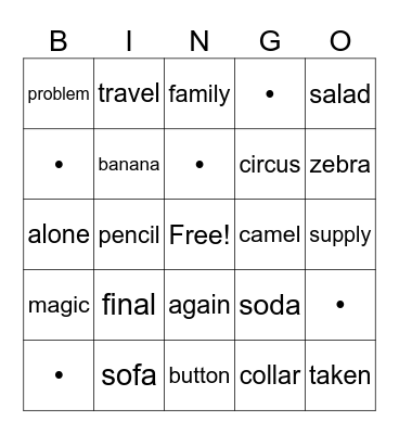 schwa Sound Bingo Card