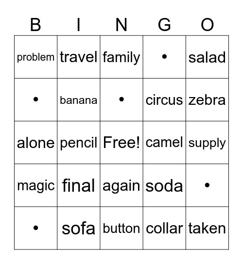 schwa Sound Bingo Card