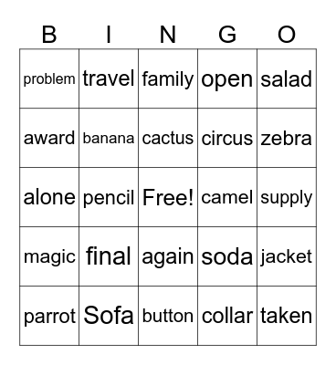 schwa Sound Bingo Card