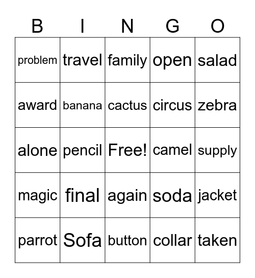 schwa Sound Bingo Card