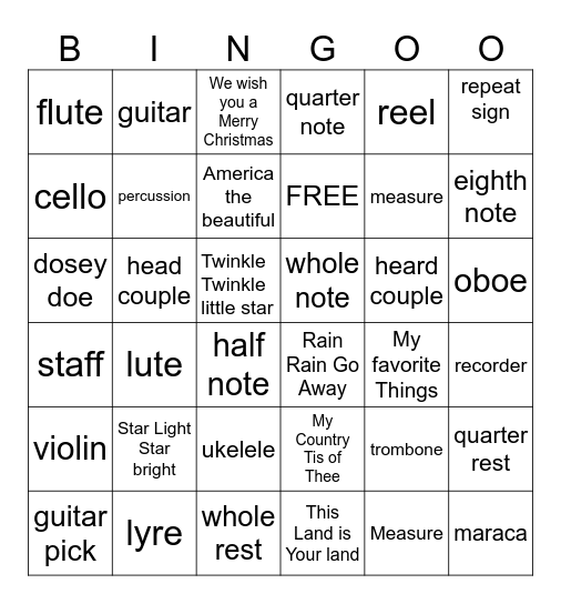 music bingo Card