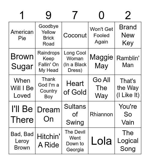 1970s Part 2 Bingo Card