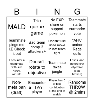 Pokemon Unite SoloQ Bingo Card