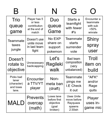 Pokemon Unite SoloQ Bingo Card