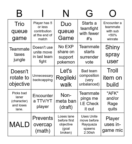 Pokemon Unite SoloQ Bingo Card