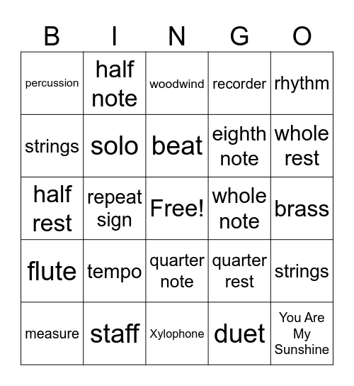 music bingo Card