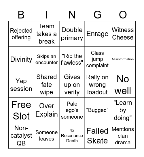 Drifts End Raid Bingo Card