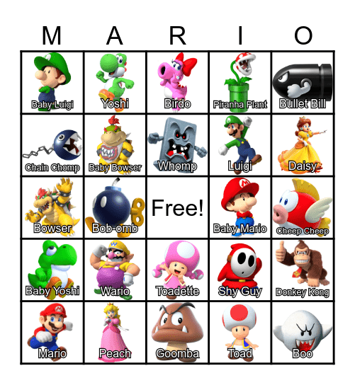 Super Mario Brothers Jingo Bingo Card