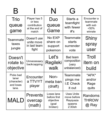 Pokemon Unite SoloQ Bingo Card