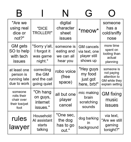 RPGing online with friends Bingo Card