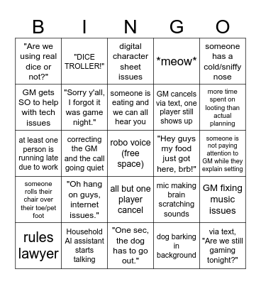 RPGing online with friends Bingo Card