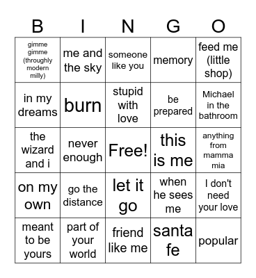 musical review audition songs Bingo Card