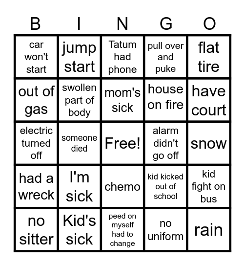 KAYELA call out/late Bingo Card