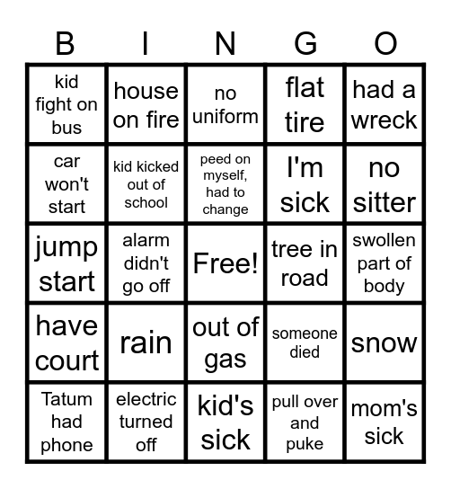 Kayela call out/late bingo Card