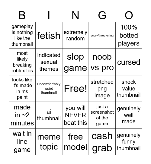 roblox thumbnail slop bingo Card