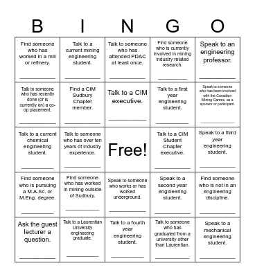 Laurentian Engineering Social Night BINGO!! Bingo Card