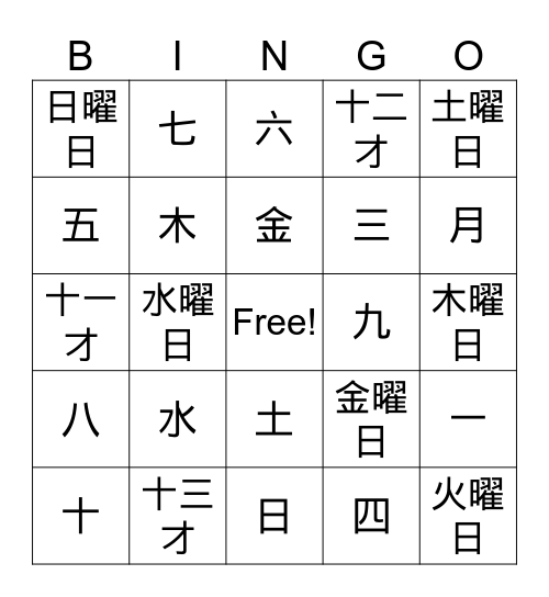 Year 7 Term 1 Kanji Bingo Card